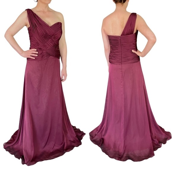 JOVANI BASKETWEAVE ONE SHOULDER WINE RED RUCHED DRAPED FORMAL EVENING GOWN - Picture 2 of 10